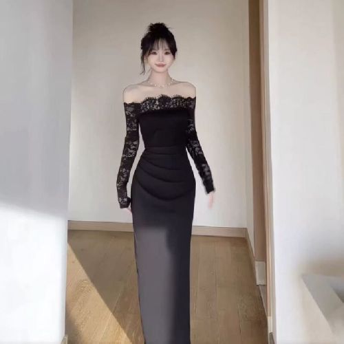 Retro Pure Desire One-Shoulder Lace Patchwork Dress for Women 2025 New Sexy Long-Sleeve Bustier Long Skirt