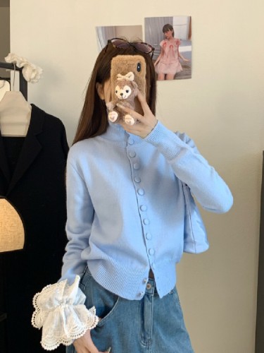 Photographed Soft High-Neck Cardigan Sweater for Women, Stylish Casual Youthful Short-Sleeve Knit Coat for Women