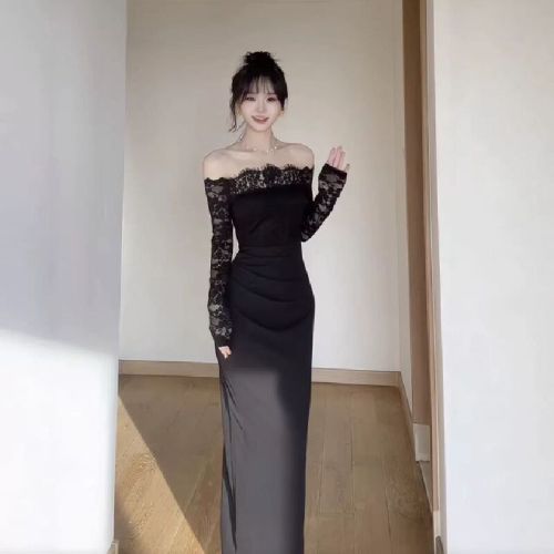 Retro Pure Desire One-Shoulder Lace Patchwork Dress for Women 2025 New Sexy Long-Sleeve Bustier Long Skirt