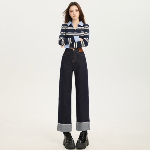 Photographed~ 2025 Autumn/Winter New Korean Retro High-Waisted Design-Sensory Flared Versatile Stretch Denim Straight Pants Trendy