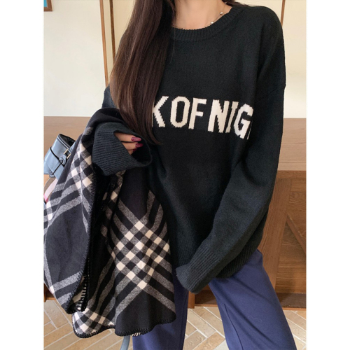 Actual shot. Gray letter women's sweater for autumn and winter, lazy and soft, loose round neck knit top