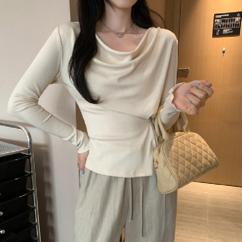 Early autumn design-inspired one-shoulder swing collar long-sleeved T-shirt with color waist tie for slimming, inner layer base shirt