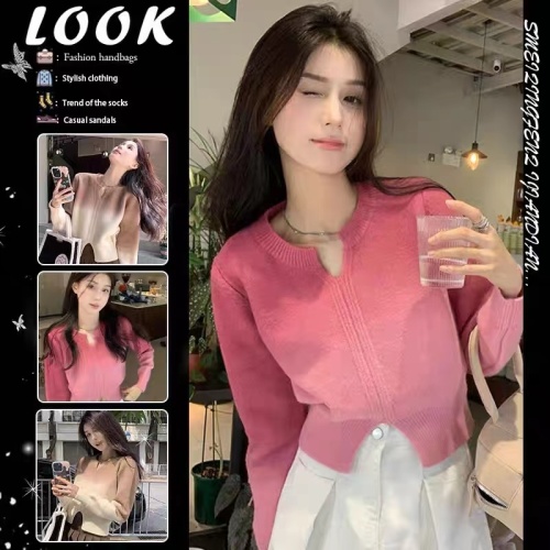 Gradient Color V-Neck Split Raccoon-Fur Sweater for Women | Autumn/Winter Knitted Base Layer | Slim-Fit Short Top