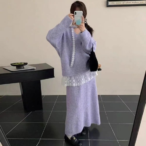 2025 Autumn/Winter New Soft Style Lace Splicing Sweater Top and Skirt Set Two-Piece Loose and Lazy Set