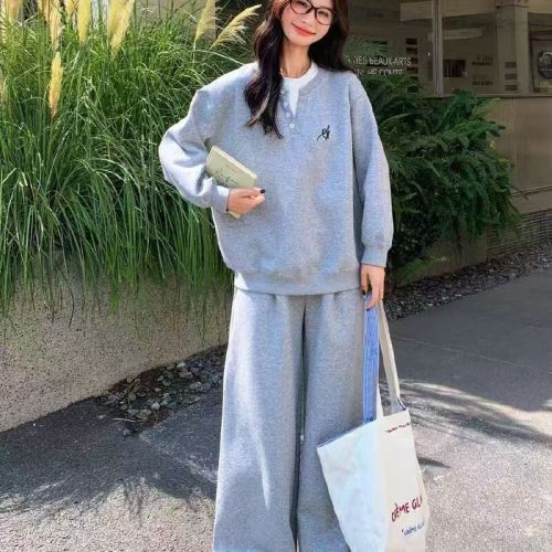Autumn thin set stylish American-style faux two-piece hoodie college style + loose wide-leg pants fashion matching two-piece set