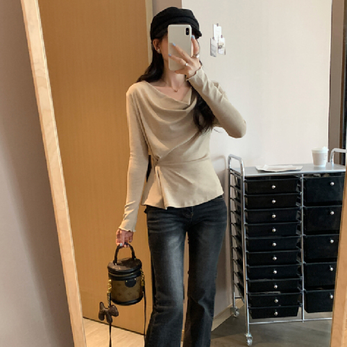 Early autumn design-inspired one-shoulder swing collar long-sleeved T-shirt with color waist tie for slimming, inner layer base shirt