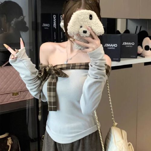 Plaid-Print Spliced Lace-Up Off-Shoulder T-Shirt for Women | Winter Fleece-Lined, Thickened, Cropped Base Top