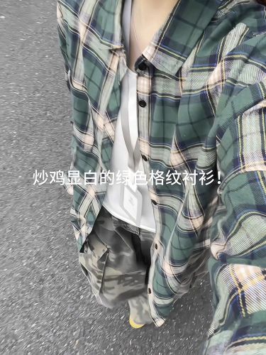 Original Version 50% Cotton 50% Polyester American Green Check Shirt Long Sleeve Autumn Lazy Style Blouse