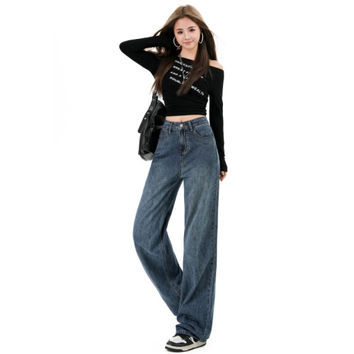 Photographed~ 2025 Retro Blue Autumn Winter Fleece Lined Thick High-Waisted Straight Leg Pants Slimming Loose Versatile Women's Jeans Ins