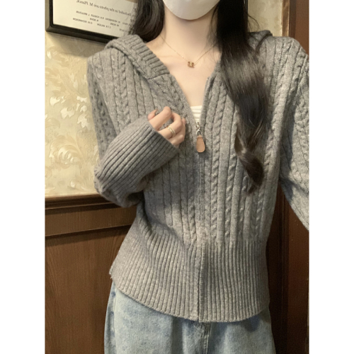 Photographed Korean-style cabled hooded thick knit cardigan outerwear long-sleeved top