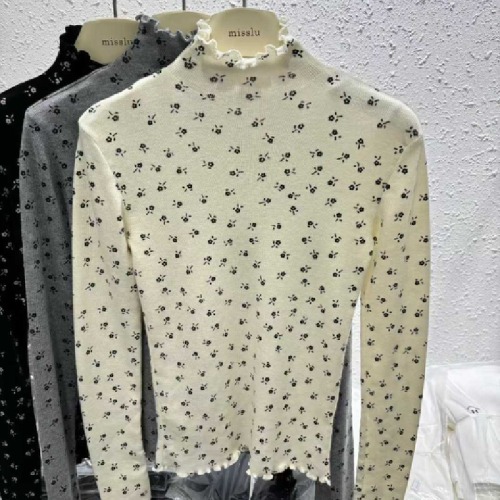 Korean-style black moss edge half-length crew neck floral knitted sweater for women, long sleeves, autumn and winter stylish versatile top, slimming base top