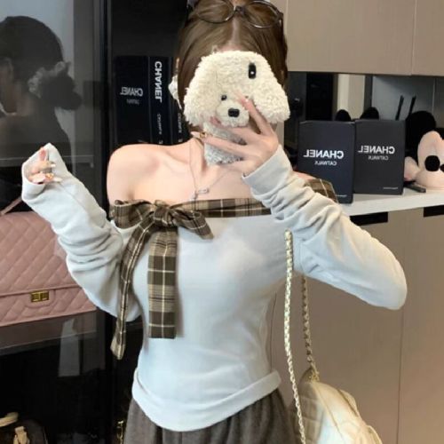 Plaid-Print Spliced Lace-Up Off-Shoulder T-Shirt for Women | Winter Fleece-Lined, Thickened, Cropped Base Top