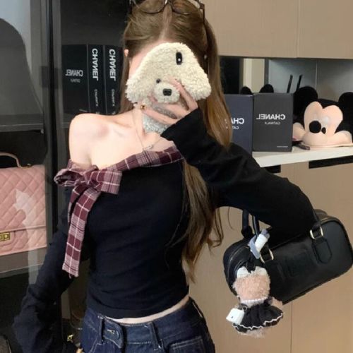 Plaid-Print Spliced Lace-Up Off-Shoulder T-Shirt for Women | Winter Fleece-Lined, Thickened, Cropped Base Top