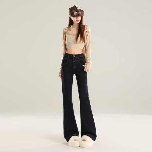 Real-shot—2025 New Arrival Women’s Fleece-Lined, Slimming High-Waisted, Stretchy Flared Denim Pants for Fall/Winter