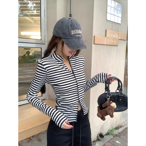 Photographed~ American-style striped slimming tailored shoulder coat with double zipper, unisex open sweater, versatile women's top