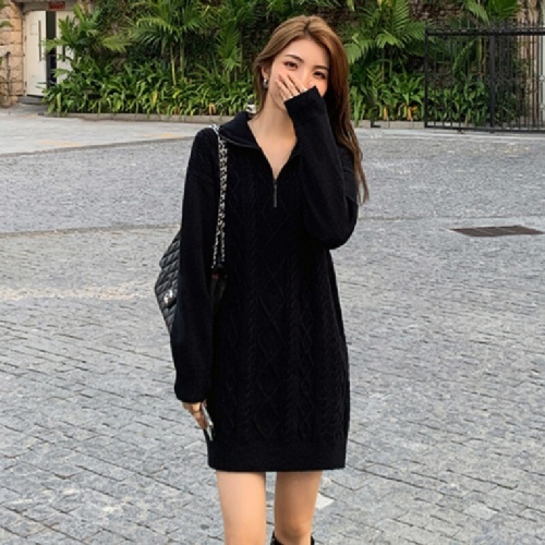Women's Mid-Long Crochet Wool Dress for Autumn/Winter with Coat, Loose and Lazy Style, Thick Zipper Soft Knit Dress