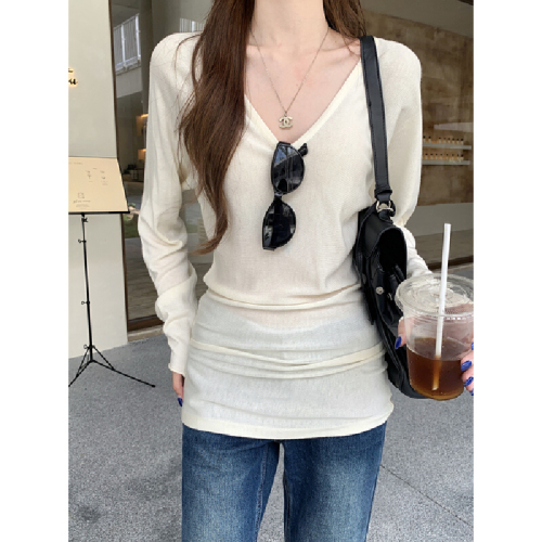 Real-shot Autumn/Winter Korean-style Elegant V-Neck Loose Fit Slimming 6% Wool Knitted Base Layer Long-Sleeve Inner Top