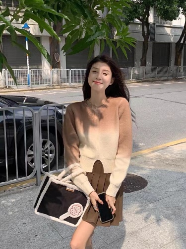 Gradient Color V-Neck Split Raccoon-Fur Sweater for Women | Autumn/Winter Knitted Base Layer | Slim-Fit Short Top