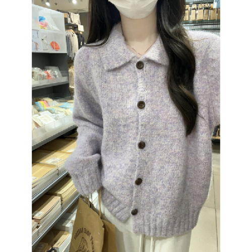 Photographed Korean-style leisurely loose polo neck soft and versatile thick knit sweater open jacket