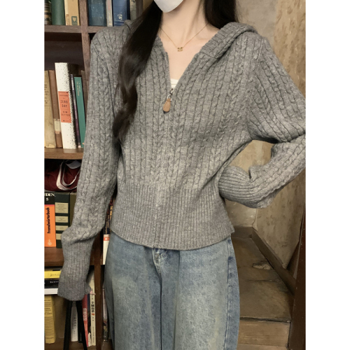 Photographed Korean-style cabled hooded thick knit cardigan outerwear long-sleeved top