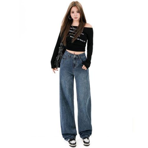 Photographed~ 2025 Retro Blue Autumn Winter Fleece Lined Thick High-Waisted Straight Leg Pants Slimming Loose Versatile Women's Jeans Ins