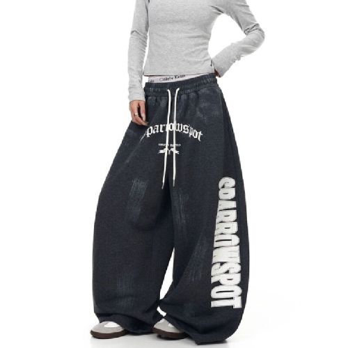 American street style distressed letter print men's and women's trendy straight-leg loose wide-leg pants