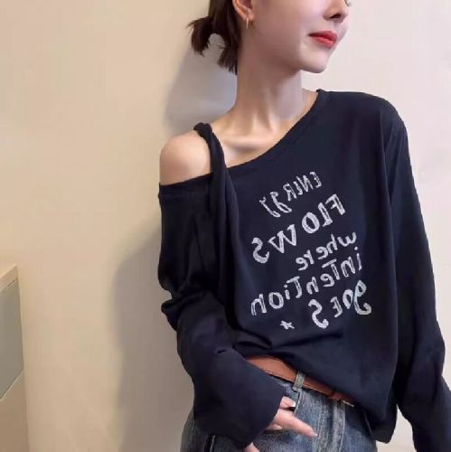 Korean-style Letter-Print Off-Shoulder Long-Sleeve T-Shirt | 2025 Autumn New Arrival | Women's Designer Casual All-Match Age-Defying Top
