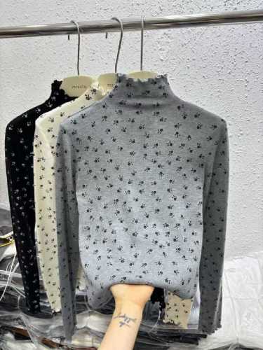 Korean-style black moss edge half-length crew neck floral knitted sweater for women, long sleeves, autumn and winter stylish versatile top, slimming base top