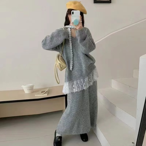 2025 Autumn/Winter New Soft Style Lace Splicing Sweater Top and Skirt Set Two-Piece Loose and Lazy Set