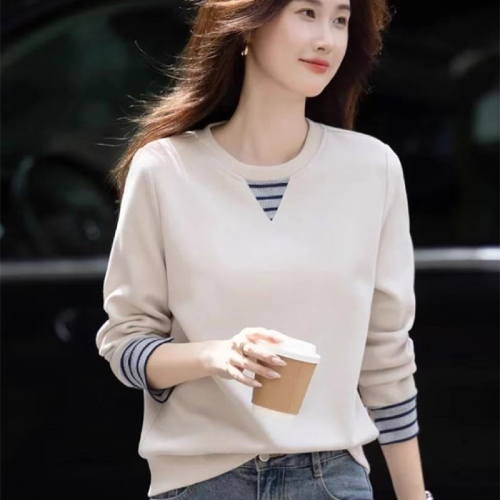 2025 Winter Lazy Style Loose Hidden-Breast Comfortable Top Trendy Ribbed Color-Blocking Cuff Sweatshirt for Women