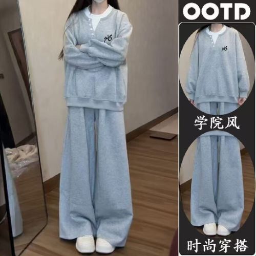 Autumn thin set stylish American-style faux two-piece hoodie college style + loose wide-leg pants fashion matching two-piece set