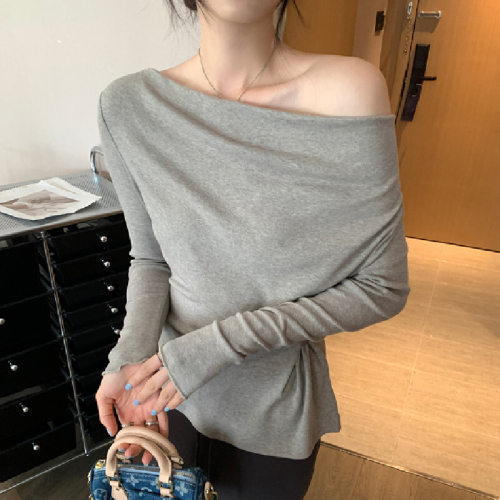 Early autumn design-inspired one-shoulder swing collar long-sleeved T-shirt with color waist tie for slimming, inner layer base shirt