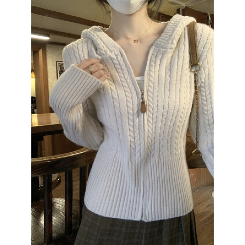 Photographed Korean-style cabled hooded thick knit cardigan outerwear long-sleeved top