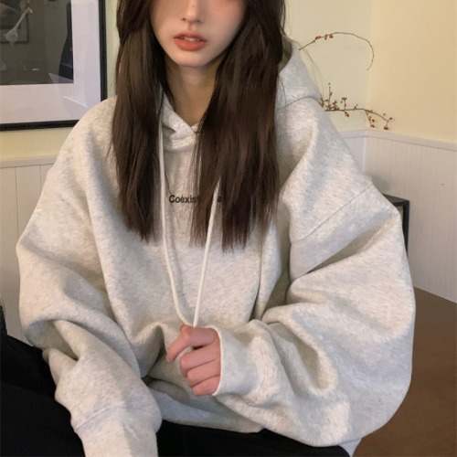 Women's Korean Version Trendy Loose Casual Long-Sleeve Ins Thickened Padded Hooded Sweatshirt Combo Jacket