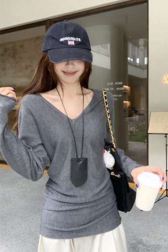 Real-shot Autumn/Winter Korean-style Elegant V-Neck Loose Fit Slimming 6% Wool Knitted Base Layer Long-Sleeve Inner Top