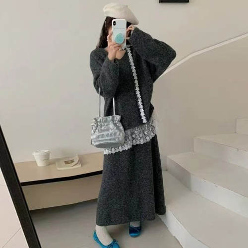 2025 Autumn/Winter New Soft Style Lace Splicing Sweater Top and Skirt Set Two-Piece Loose and Lazy Set