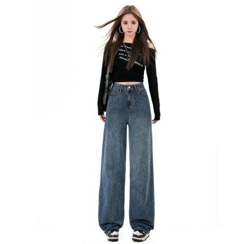 Photographed~ 2025 Retro Blue Autumn Winter Fleece Lined Thick High-Waisted Straight Leg Pants Slimming Loose Versatile Women's Jeans Ins