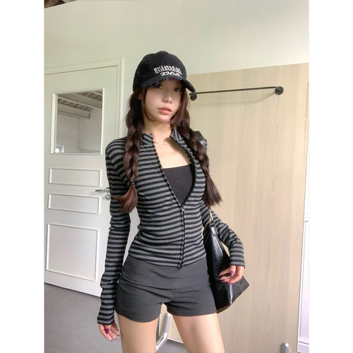 Photographed~ American-style striped slimming tailored shoulder coat with double zipper, unisex open sweater, versatile women's top