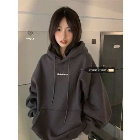 Women's Korean Version Trendy Loose Casual Long-Sleeve Ins Thickened Padded Hooded Sweatshirt Combo Jacket