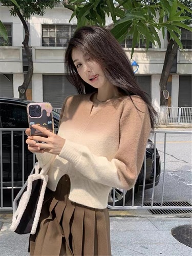 Gradient Color V-Neck Split Raccoon-Fur Sweater for Women | Autumn/Winter Knitted Base Layer | Slim-Fit Short Top