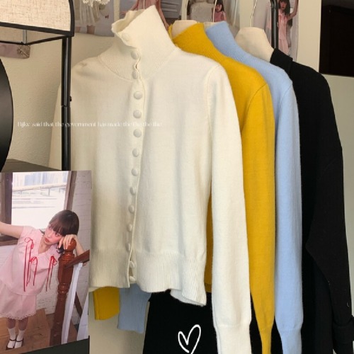 Photographed Soft High-Neck Cardigan Sweater for Women, Stylish Casual Youthful Short-Sleeve Knit Coat for Women