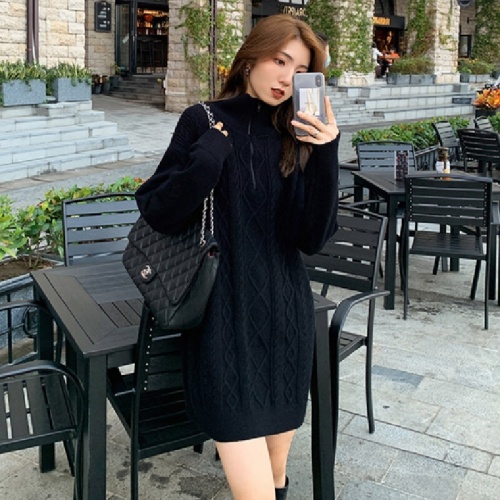 Women's Mid-Long Crochet Wool Dress for Autumn/Winter with Coat, Loose and Lazy Style, Thick Zipper Soft Knit Dress