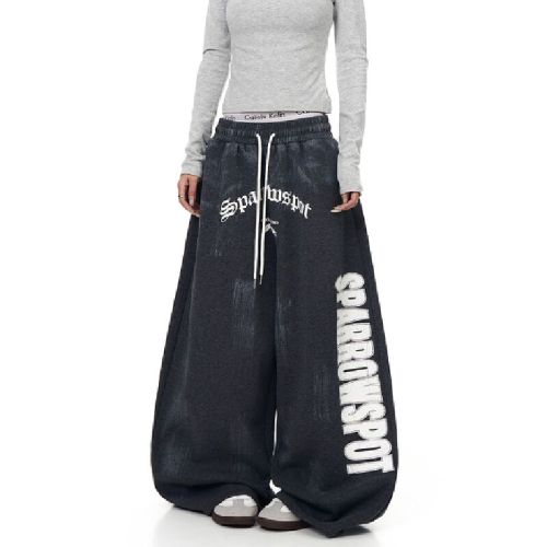 American street style distressed letter print men's and women's trendy straight-leg loose wide-leg pants