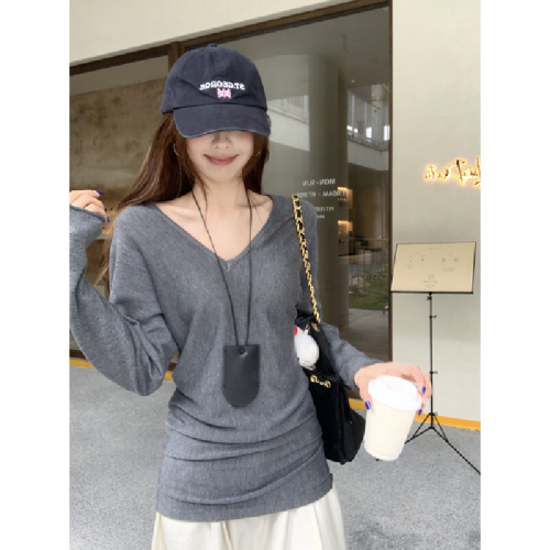 Real-shot Autumn/Winter Korean-style Elegant V-Neck Loose Fit Slimming 6% Wool Knitted Base Layer Long-Sleeve Inner Top
