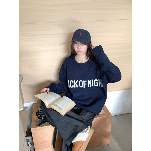 Actual shot. Gray letter women's sweater for autumn and winter, lazy and soft, loose round neck knit top