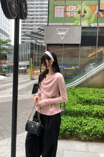 Early autumn design-inspired one-shoulder swing collar long-sleeved T-shirt with color waist tie for slimming, inner layer base shirt