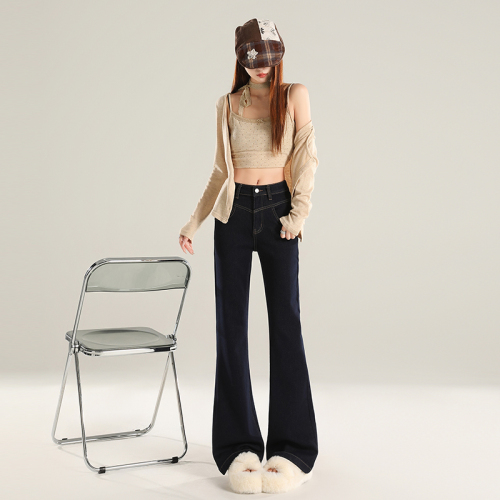 Real-shot—2025 New Arrival Women’s Fleece-Lined, Slimming High-Waisted, Stretchy Flared Denim Pants for Fall/Winter