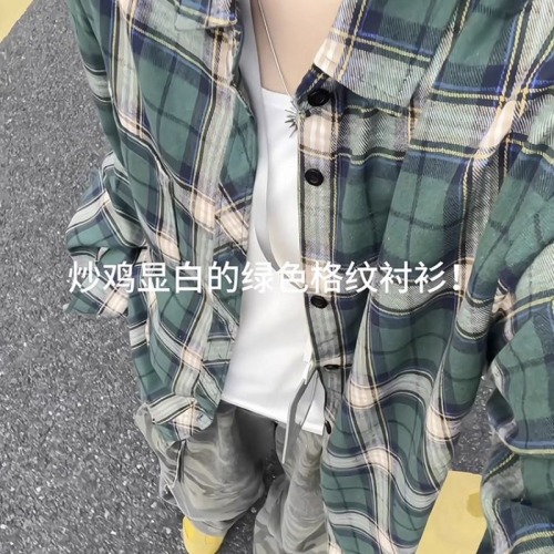 Original Version 50% Cotton 50% Polyester American Green Check Shirt Long Sleeve Autumn Lazy Style Blouse