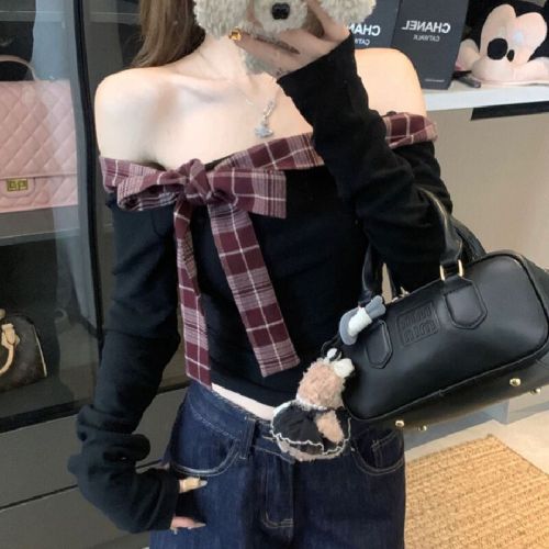 Plaid-Print Spliced Lace-Up Off-Shoulder T-Shirt for Women | Winter Fleece-Lined, Thickened, Cropped Base Top