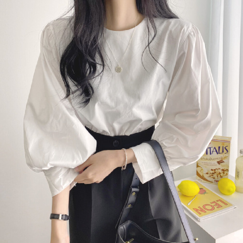 Chic fashionable retro minimalist round-neck puffed-sleeve women's shirt
